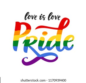 Gay Pride poster rainbow spectrum flag, homosexuality, equality emblem in retro style. Love is love. LGBT rights concept. Parades announcement banner, placard, invitation card design