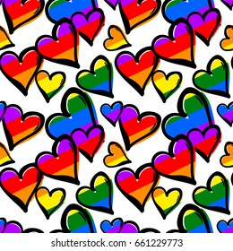 Gay pride rainbow colored hearts seamless pattern.Hand rawn ink brush strokes design in doodle grunge style.Modern painted artistic print for a logo, cards, invitations, posters, banners.