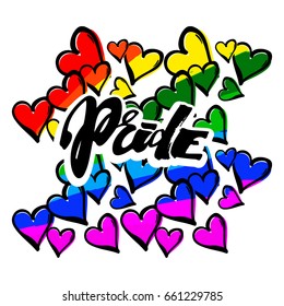 Gay pride rainbow colored hearts pattern.Hand rawn ink brush strokes design in doodle grunge style.Modern painted artistic print for a logo, cards, invitations, posters, banners.