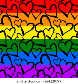 Gay pride rainbow colored hearts seamless pattern.Hand rawn ink brush strokes design in doodle grunge style.Modern painted artistic print for a logo, cards, invitations, posters, banners.