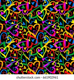 Gay pride rainbow colored hearts seamless pattern.Hand rawn ink brush strokes design in doodle grunge style.Modern painted artistic print for a logo, cards, invitations, posters, banners.