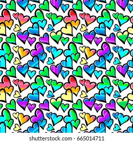 Gay pride rainbow colored hearts seamless pattern.Hand rawn ink brush strokes design in doodle grunge style.Modern painted artistic print for a logo, cards, invitations, posters, banners.