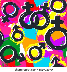 Gay pride rainbow colored seamless pattern.Hand rawn ink brush strokes design in doodle grunge style.Modern painted artistic print for a logo, cards, invitations, posters, banners.
