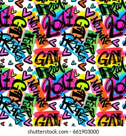 Gay pride rainbow colored seamless pattern.Hand rawn ink brush strokes design in doodle grunge style.Modern painted artistic print for a logo, cards, invitations, posters, banners.