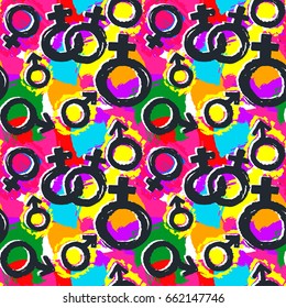 Gay pride rainbow colored seamless pattern.Hand rawn ink brush strokes design in doodle grunge style.Modern painted artistic print for a logo, cards, invitations, posters, banners.