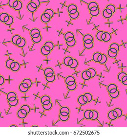 Gay pride rainbow colored seamless pattern.Modern painted artistic print for a logo, cards, invitations, posters, banners.LGBT community.Pink background.