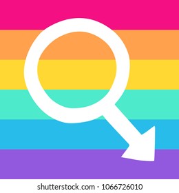 Gay pride rainbow flag background with the white male gender symbol on it. 