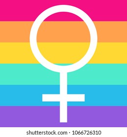 Gay pride rainbow flag background with the white female gender symbol on it. 