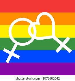 Gay pride rainbow flag background with two white female gender symbol on it. Lesbian love and relationship logo.
