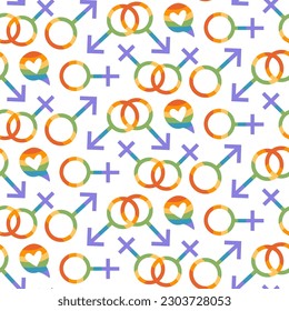 Gay pride seamless pattern in rainbow color palette. Printable background for pride month design concept. Wrapping paper, textile, gift decoration. Female and male signs, symbols. Vector eps 10.