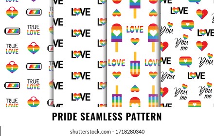 Gay pride seamless pattern set. LGBT vector background. Flag, heart, love sign in rainbow colors. Gay parade texture. Graphic design for fabric, wallpaper, gift wrap, postcard, poster, t-shirt.