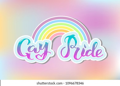 Gay Pride text as cloud with rainbow isolated on background. Hand written lettering Gay Pride as logo, badge, patch. Template for lgbt community, party invitation, festival, parade, greeting card, web