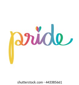 Gay pride. Text in colorful gradient. Hand drawn "pride" isolated on white background. LGBT pride. "Pride" with a little colorful heart