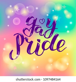 Gay Pride text isolated on background. Hand written lettering Gay Pride as logo, badge. Template for lgbt community, party invitation, festival, parade, greeting card, web.