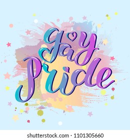 Gay Pride text isolated on pastel colors background. Handwritten lettering Gay Pride as logo, badge. Template for lgbt community, party invitation, festival, parade, greeting card, web.