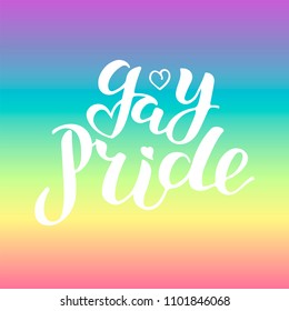 Gay Pride text isolated on rainbow colors background. Hand written lettering Gay Pride as logo, badge. Template for lgbt community, party invitation, festival, parade, greeting card, web.