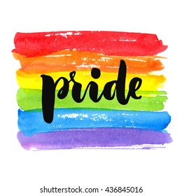 Gay pride. Text on rainbow texture. Vector watercolor spectrum. Hand drawn paint strokes isolated on white background