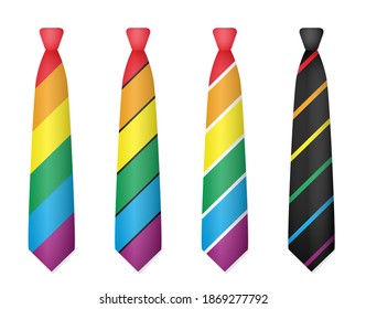 Gay pride ties - rainbow colored neckties with and without white and black stripes. Isolated vector illustration on white background.
