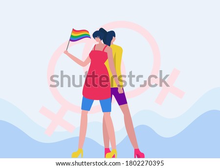 Gay pride vector concept: lesbian couple standing back to back while holding a rainbow pride flag