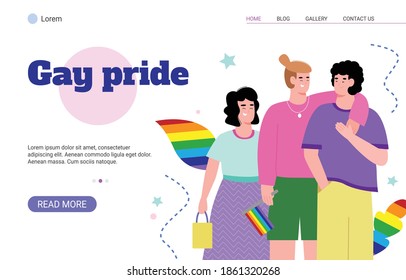 Gay pride web banner mockup with LGBT couple people characters, flat cartoon vector illustration. LGBT community movement support website or landing page.
