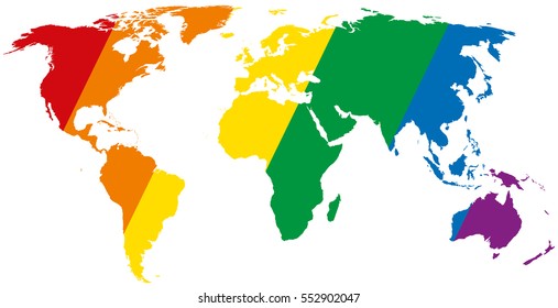 Gay pride world map with diagonal stripes. LGBT movement flag, consisting of six rainbow colored stripes in the silhouette of the world. Isolated illustration on white background. Vector.