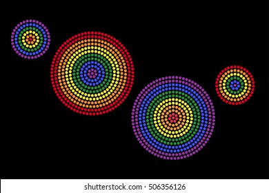 Gay radial dot patterns. Dots forming four circles with the six colors of the rainbow flag that is used for the Lesbian, gay, bisexual and transgender movement. Illustration on black background.