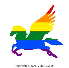 Gay rainbow flag over elegant pegasus horse in gallop vector silhouette illustration isolated on white background. LGBT pride symbol. Homosexual, lesbian, transgender culture represent freedom love.