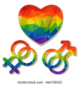 Gay rainbow heart and gender icons isolated on white background. Gay couple symbol. LGBT couple symbol. Design element for flyers or banners.