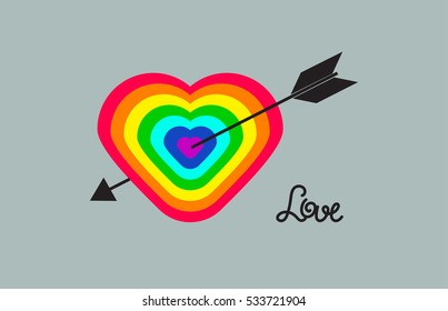 Gay rainbow heart shaped target with an arrow. Vector illustration. A symbol of love, Valentine's Day.