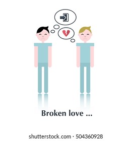 Gay relationship.Vector family people icon,pictogram.Concept leave, divorce, heart,over white with text Broken love,in flat style