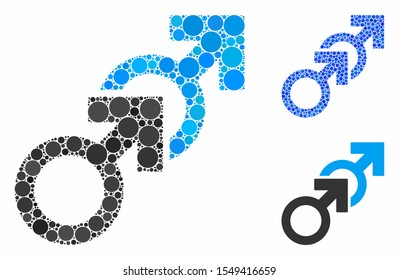 Gay sex composition of circle elements in various sizes and color tints, based on gay sex icon. Vector filled circles are organized into blue composition.