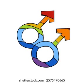 Gay sign in hand-drawn doodle style.  Rainbow-themed design. Interlocked male symbols. LGBTQ+ representation. Equality emphasis. Pride celebration icon, pictogram. Editable vector illustration.