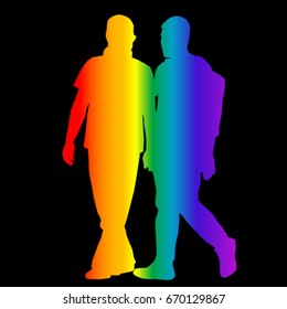 Gay silhouettes in rainbow colors on black background