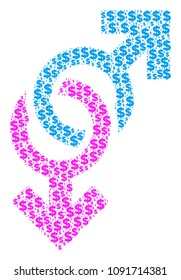 Gay symbol composition of dollars and circle spots. Vector dollar currency symbols are organized into gay symbol collage.