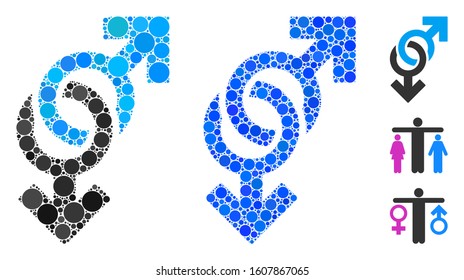 Gay symbol composition of filled circles in variable sizes and color tinges, based on gay symbol icon. Vector dots are composed into blue composition.