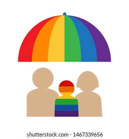 Gay teen with parents under the rainbow umbrella. LGBT rights concept. Vector illustration. Design element for banner, leaflet, sticker, booklet.