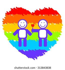 Gay teenagers couple and heart isolated on white background. LGBT pride symbol. Happy gay couple symbol. Design element for flyers and etc.