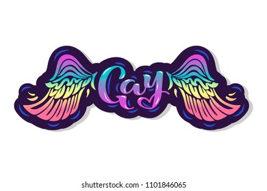 Gay text with rainbow wings isolated on background. Hand drawn lettering Gay as logo, badge, icon, patch. Template for lgbt community, party invitation, carnival, parade, greeting card, web, club.