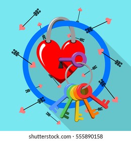 Gay valentines day stock vector illustration. Rainbow keys and love heart lock. Stylised LGBT flag icon. Homosexual love concept. Gay wedding invitation card. Gay club, website or party art.