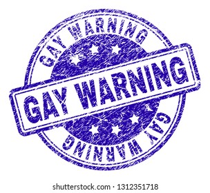 GAY WARNING stamp seal imprint with grunge texture. Designed with rounded rectangles and circles. Blue vector rubber print of GAY WARNING title with grunge texture.