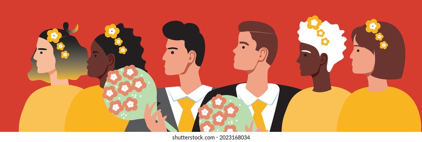 Gay wedding ceremony, multicultural guests. Flat vector stock illustration. Adult homosexuals. The rights of LGBTQ people. Gay adult wedding. Afro invited guests. Bridesmaids. Vector graphics