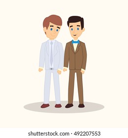 Gay wedding couple in suits. Vector cartoon style illustration. Same-sex family. Two caucasian men getting married on isolated background. Design for wedding invitation, Save the Date cards