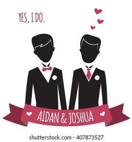 Gay Wedding Couple. Vector Illustration Of Gay Marriage. Same-sex Family. Black Silhouettes Of Two Grooms In Tuxedos.  Isolated On White. Could Be Used For Wedding Invitation, Save The Date Cards Etc.