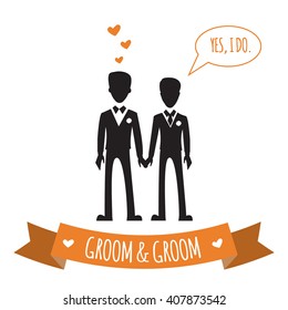 Gay Wedding Couple. Vector Illustration Of Gay Marriage. Same-sex Family. Black Silhouettes Of Two Grooms In Tuxedos, Isolated On White. Could Be Used For Wedding Invitation, Save The Date Cards Etc.