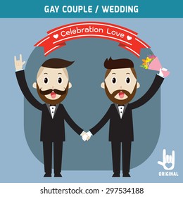 gay wedding couples holding hands.spouse,
people couple character cartoon,vector illustration,
wedding invitation card template,