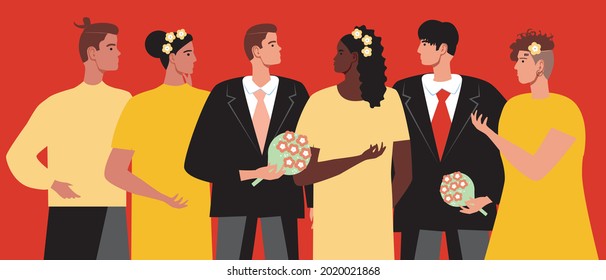 Gay wedding, guests are friends. Flat vector stock illustration. LGBTQ ceremony. Homosexual rights. Invited guests at the wedding. Ceremony or celebration. LGBTQ adults are gay