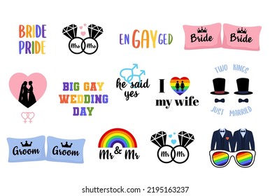 Gay Wedding Photo Booth Props. Homosexual Marriage. Stickers Set. Vector