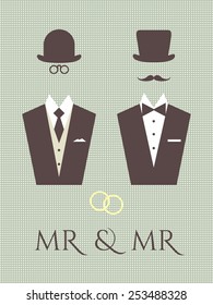 Gay Wedding Vector Graphics. Schematic Illustration Of Same Sex Male Couple. Elegant Design Elements For Same Sex Wedding Ceremonies Made In Fancy Retro Style.