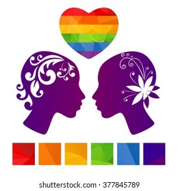 Gay women couple isolated on white background. Design element for Valentine's Day card or wedding invitations card. LGBT couple symbol.  Lesbian couple symbol. Gay couple in love.