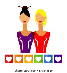 Gay women couple isolated on white background. Gay rainbow colors. LGBT couple symbol. Pretty girls. Design element for greeting cards and posters.